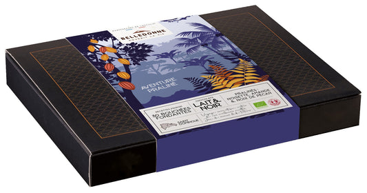 Belledonne -- Aventure pralinée - coffret 30 bonbons - chocolat noir & chocolat au lait bio